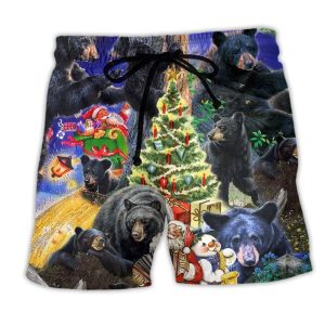 Black Bear Family Into Spring Merry Christmas Trendy KLA Hawaiian Beach Shorts