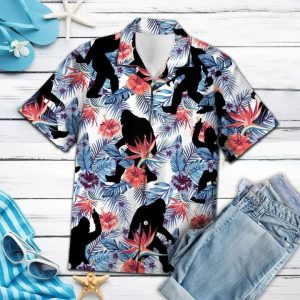 Black Bigfoot Tropical Palm Tree Leaves Summer Vacation KLA Trendy Hawaiian Shirt