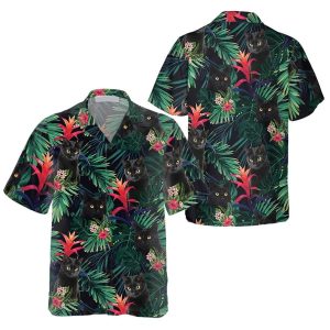 Black Cat And Tropical Pattern Trendy Hawaiian Shirt, Funny Black Cat Shirt For Adults, Cat Themed Gift For Cat Lovers