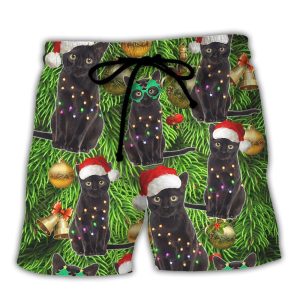 Black Cat Christmas Merry Xmas Trendy KLA Hawaiian Beach Shorts