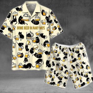 Black Cat Drink Beer In Many Ways Hawaiian Shirt Set Unisex