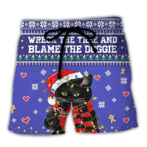 Black Cat Wreck The Tree Christmas Trendy KLA Hawaiian Beach Shorts