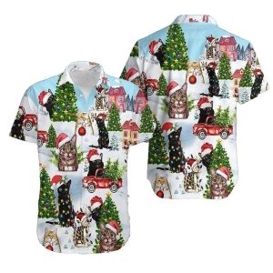Black Cats Christmas Tree Red Truck Merry Hawaiian Shirt