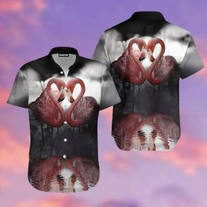 Black Flamingo with Heart Hawaiian Shirt Design