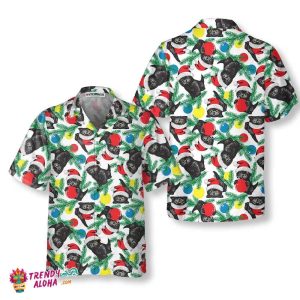 Black Kitten Wearing Santa Hat Hawaiian Shirt, Funny Christmas Cat Shirt