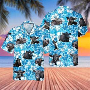Blue Floral Black Angus Cow Lovers Hawaiian Shirt