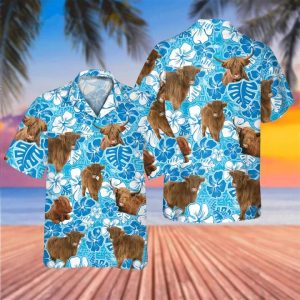 Blue Floral Highland Cow Hawaiian Shirt for Cow Enthusiasts