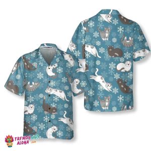Blue Snowflakes Adorable Kittens Hawaiian Shirt, Funny Christmas KLA Shirt