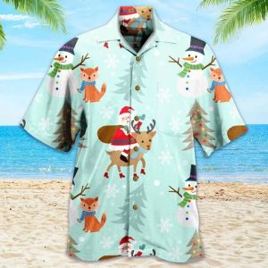 Blue Snowman and Santa Claus Fox Winter Hawaiian Shirt Ideal Gifts