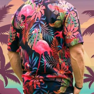Botanical Flamingo Print Casual Short Sleeve Hawaiian Shirt