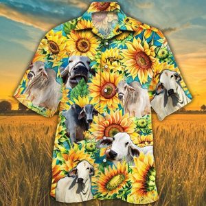 Brahman Cattle KLA Shirt Yellow Brahman Cattle Lovers Sunflower Watercolor Trendy Hawaiian Shirt, Cow Trendy Hawaiian Shirt For Summer Gifts