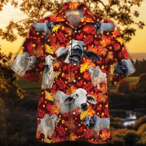 Brahman Cattle Lovers Autumn Red Leaves Trendy Hawaiian Shirt, Cow Trendy Hawaiian Shirt For Summer Gifts