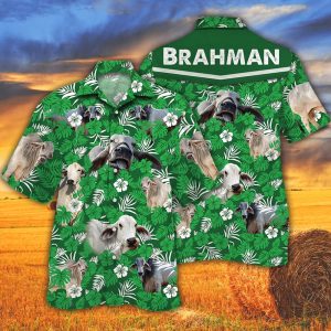 Brahman Cattle Lovers Green Floral Pattern Trendy Hawaiian Shirt, Cow Trendy Hawaiian Shirt For Summer Gifts