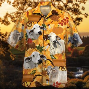 Brahman Cattle Lovers Orange Nature Autumn Trendy Hawaiian Shirt, Cow Trendy Hawaiian Shirt For Summer Gifts