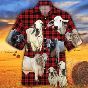 Brahman Cattle Lovers Red Tartan Pattern Trendy Hawaiian Shirt, Cow Trendy Hawaiian Shirt For Summer Gifts