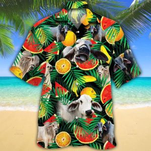 Brahman Cattle Lovers Tropical Fruits Trendy Hawaiian Shirt, Cow Trendy Hawaiian Shirt For Summer Gifts