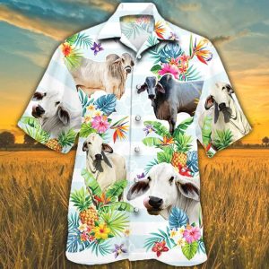 Brahman Cattle Trendy Hawaiian Shirts For Men, Women, Cow Lovers Tropical Flower Trendy Hawaiian Shirt