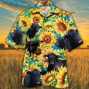 Brangus Cattle Lovers Sunflower Watercolor Trendy Hawaiian Shirt, Cow Trendy Hawaiian Shirt For Summer Gifts