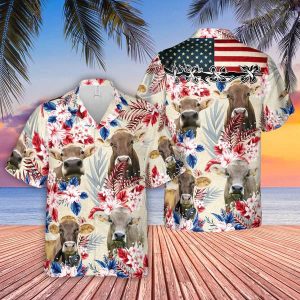 Brown Swiss Pattern Us Flag Trendy Hawaiian Shirt, Farm Cow Trendy Hawaiian Shirt For Men And Women