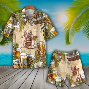 Bulldog and Beer Theme on Unisex Hawaiian Shirt Set