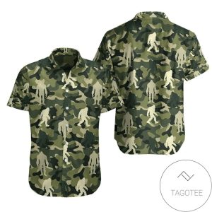 Camouflage Patterned Hawaiian Shirt Highlighting Mysterious Bigfoot