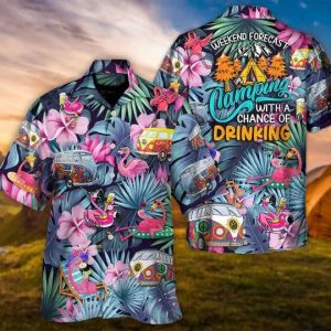 Camping Funny Flamingo Weekend Forecast Camping With A Chance Of Drinking – Hawaiian Shirt