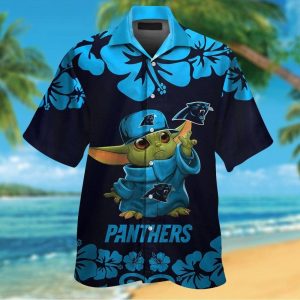 Carolina Panthers Baby Yoda Short Sleeve Button Up Tropical Hawaiian Shirt