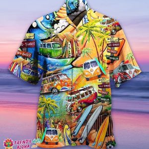 Cartoon Summer Truck Print Men’s Beach Style Funny Hawaiian Shirt Tee