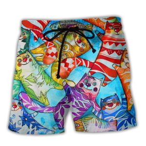 Cat And Fish Funny Together Trendy KLA Hawaiian Beach Shorts
