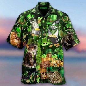 Cat Celebrating St Patricks Day Design Hawaiian Shirt Elegance Style