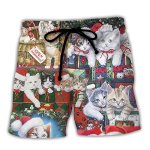 Cat Christmas Tree Merry Xmas Trendy KLA Hawaiian Beach Shorts
