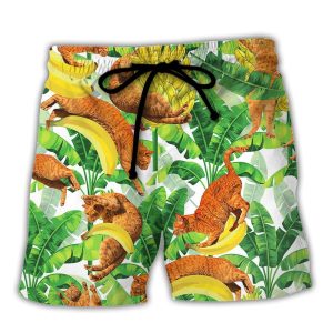 Cat Funny And Jumping Bananas Trendy KLA Hawaiian Beach Shorts