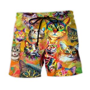 Cat Funny Lover Cat Colorful Painting Art Style Trendy KLA Hawaiian Beach Shorts