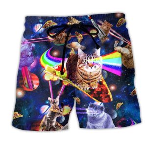 Cat Ride Food In Space Funny Trendy KLA Hawaiian Beach Shorts