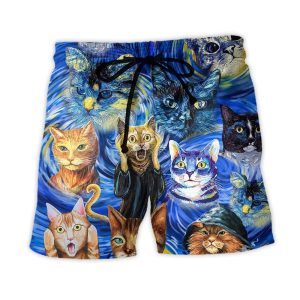 Cat Starry Night Funny Cat Painting Art Style Trendy KLA Hawaiian Beach Shorts