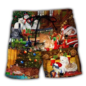 Cat With Toys Train Christmas Trendy KLA Hawaiian Beach Shorts