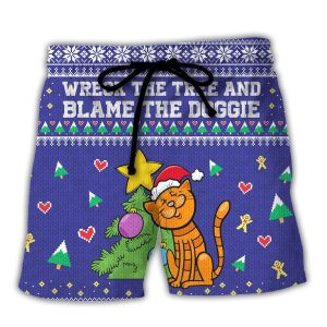 Cat Wreck The Tree And Blame The Doggie Christmas Trendy KLA Hawaiian Beach Shorts