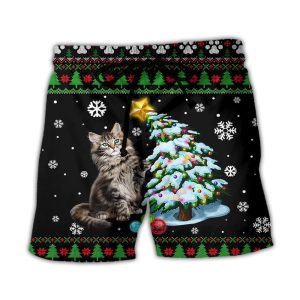 Cat Wreck The Tree Light Funny Ugly Style Christmas Trendy KLA Hawaiian Beach Shorts