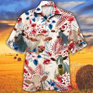 Charolais Cattle Lovers American Flag Trendy Hawaiian Shirt, Cow Flower KLA Trendy Hawaiian Shirt, Cow Trendy Hawaiian Shirt Vintage, Trendy Hawaiian Shirt Men
