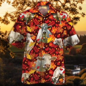 Charolais Cattle Lovers Autumn Red Leaves Trendy Hawaiian Shirt, Cow Trendy Hawaiian Shirt For Summer Gifts