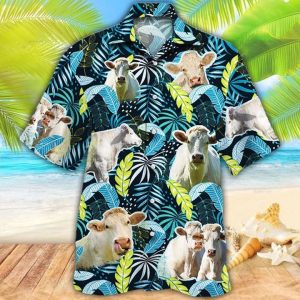 Charolais Cattle Lovers Jungle Leaves Trendy Hawaiian Shirt, Cow Flower KLA Shirt, Trendy Hawaiian Shirt Men, Women
