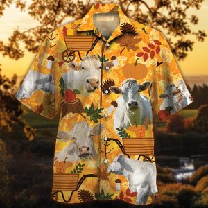 Charolais Cattle Lovers Orange Nature Autumn Trendy Hawaiian Shirt, Cow Trendy Hawaiian Shirt For Summer Gifts