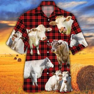 Charolais Cattle Lovers Red Tartan Pattern Trendy Hawaiian Shirt, Cow Trendy Hawaiian Shirt For Summer Gifts