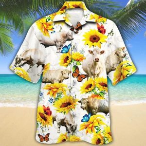 Charolais Cattle Lovers Sun Flower Trendy Hawaiian Shirt, Cow Trendy Hawaiian Shirt For Summer Gifts