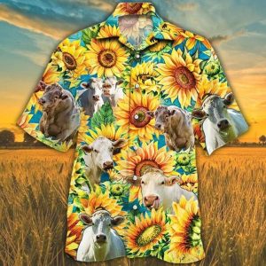 Charolais Cattle Lovers Tropical Yellow Sunflowers Trendy Hawaiian Shirt, Cow Trendy Hawaiian Shirt For Summer Gifts