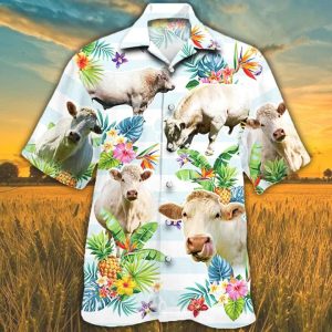 Charolais Cattle Trendy Hawaiian Shirts For Men, Women, Cow Lovers Tropical Flower Trendy Hawaiian Shirt