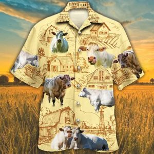 Charolais Farm Trendy Hawaiian Shirt, Farm Cow Short Sleeve Hawaiian KLA Shirt For Men, Women