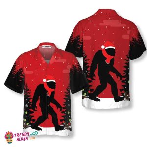 Christmas Bigfoot In The Forest Hawaiian Shirt, Funny Christmas Bigfoot Shirt For Men