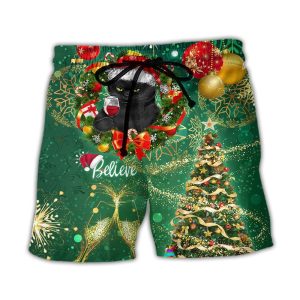 Christmas Black Cat Drinking Happy Christmas Tree Green Light Trendy KLA Hawaiian Beach Shorts