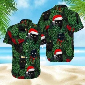 Christmas Black Cat Santa Hat Hawaiian KLA Men’s Shirt